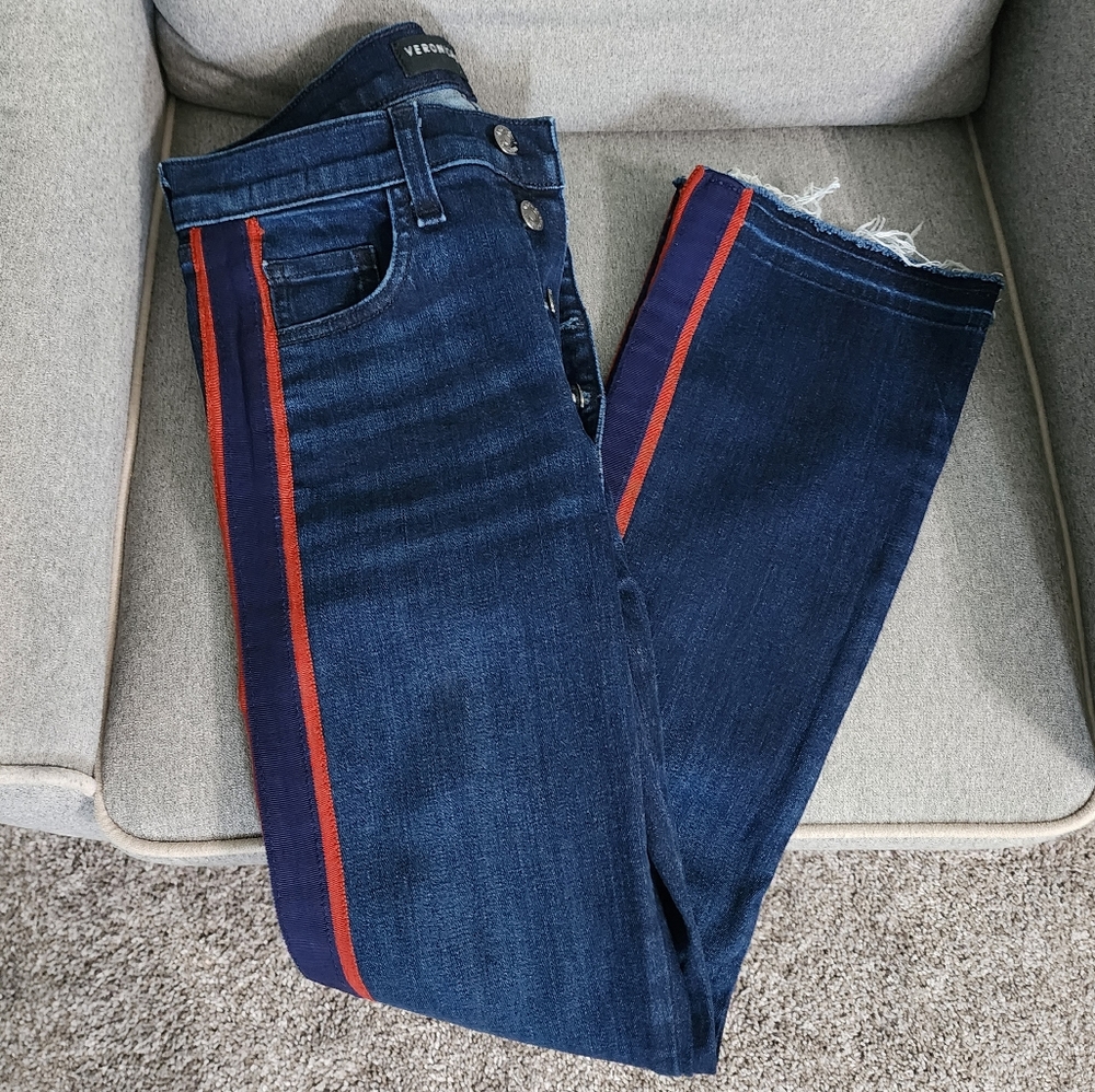 Veronica Beard Carolyn Baby Boot Cut Crop Jeans Navy Red Stripe